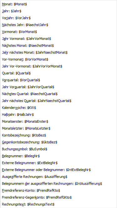 Buchungstext Variablen