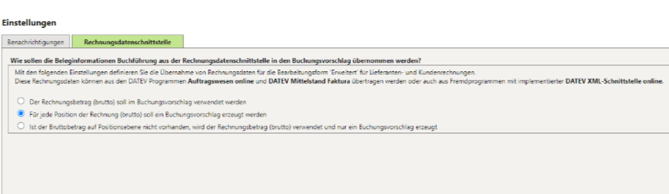 Rechnungsdatenschnittstelle Einstellungen