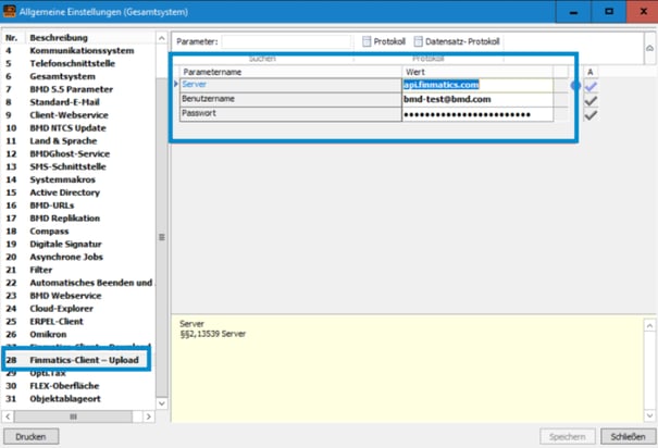 Finmatics Client Upload Einstellungen