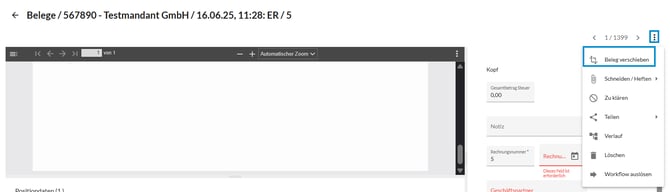 Beleg verschieben Menü