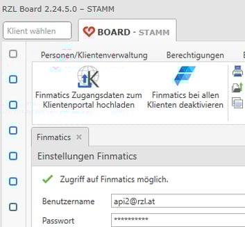 Einrichtung der Finmatics Zugangsdaten im RZL Board