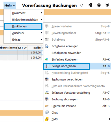BMD Vorerfassung Menüpfad zum Nachreihen von Belegen