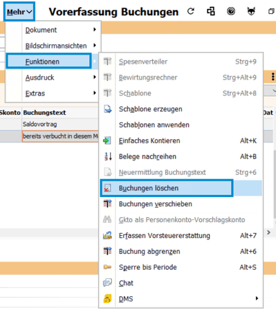 BMD Buchungen löschen Menü