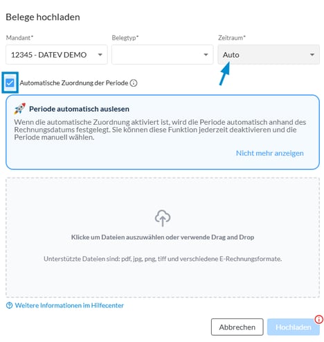 Upload Dialog mit Option zur automatischen Periodenzuordnung
