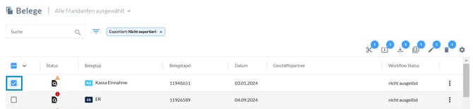 Aktionsleiste in der Belege-Ansicht