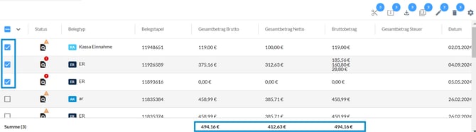 Summenzeile in der Belege-Ansicht