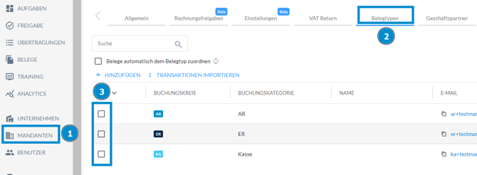 Einstellungen für Belegtypen in der Mandanten-Ansicht