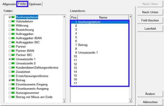 RZL Felder Konfiguration