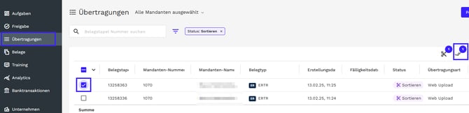 Export über Übertragungen-Ansicht