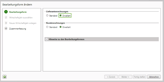 Bearbeitungsform Erweitert Auswahl