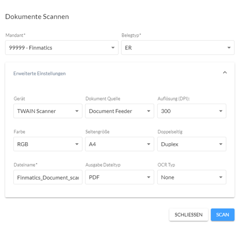 Scan Einstellungen Finmatics
