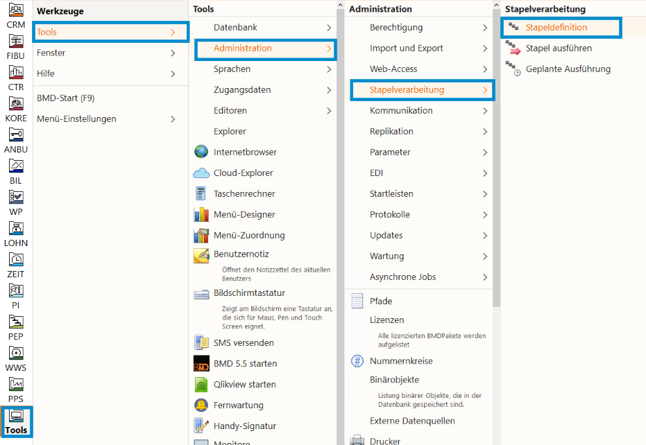 BMD Menüpfad Stapelverarbeitung