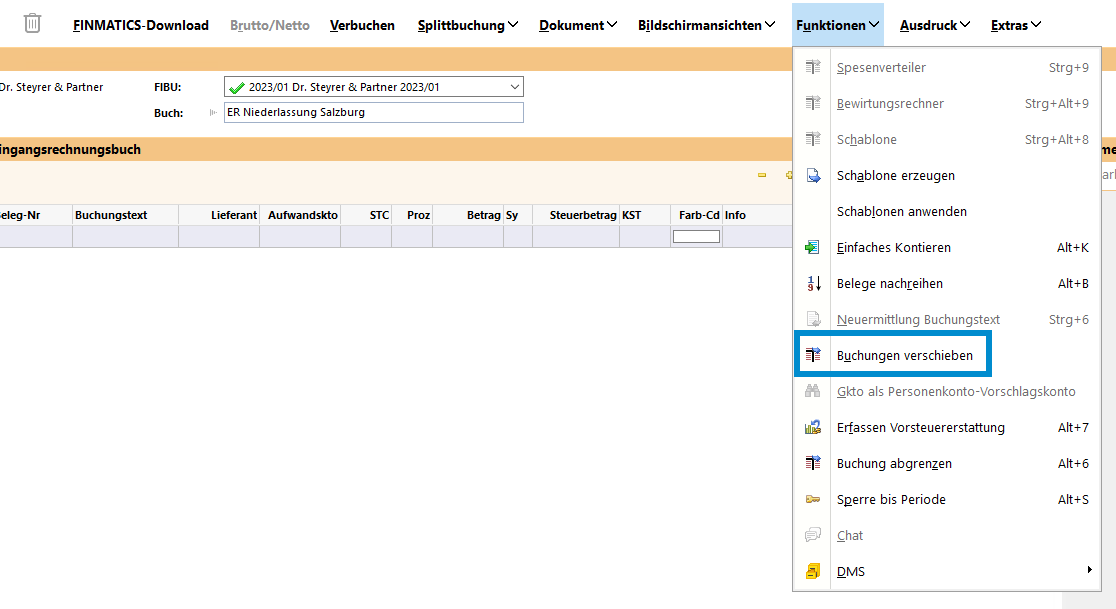 Buchungen verschieben Menü