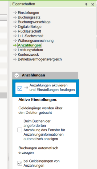 DATEV Anzahlungen aktivieren