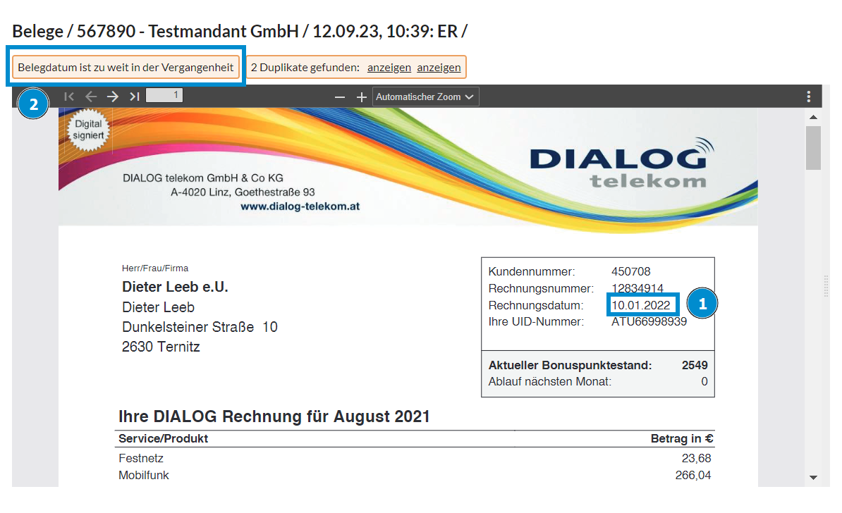 Warnung bei veraltetem Rechnungsdatum