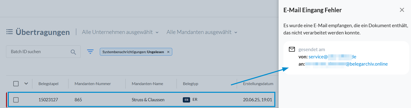 Detailansicht einer fehlgeschlagenen E-Mail Übertragung