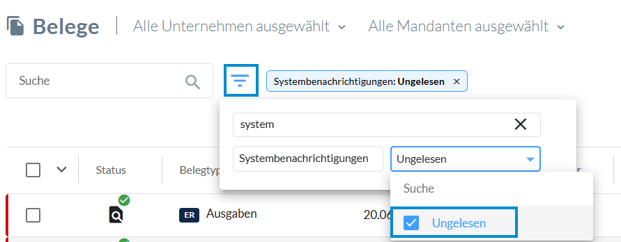 Filtereinstellungen für Systembenachrichtigungen