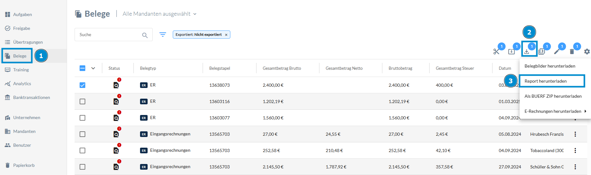 Download Menü in der Belege-Ansicht