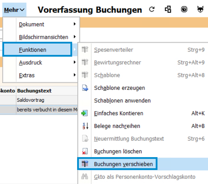 BMD Menü Vorerfassung Buchungen mit Option Buchungen verschieben