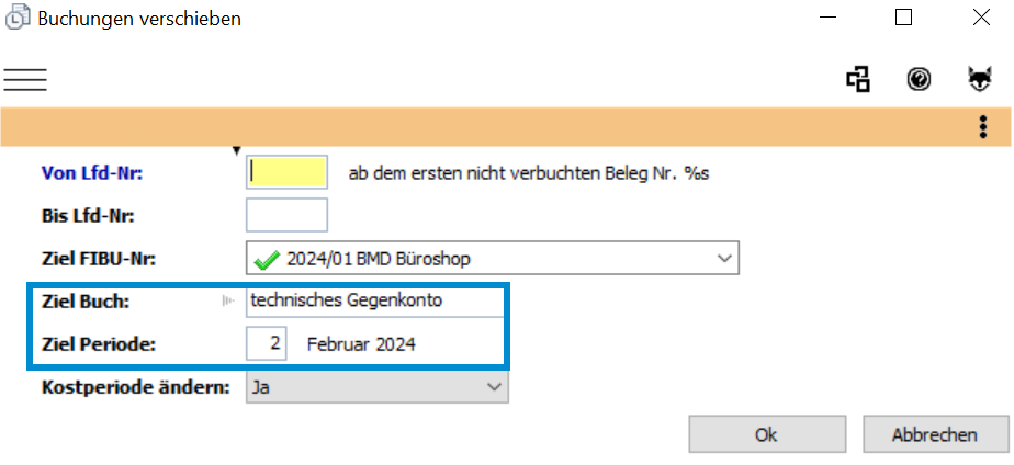 BMD Dialogfenster zur Auswahl von Zielbuch und Zielperiode