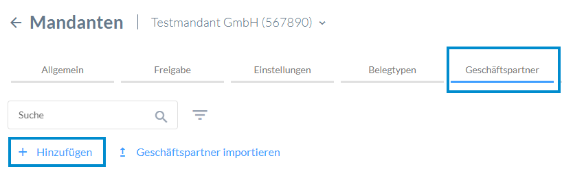 Button Hinzufügen in der Mandantenansicht