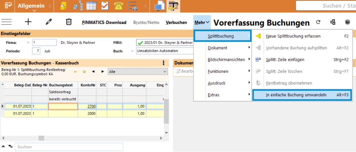 BMD Menüpfad zur Umwandlung von Splitbuchungen