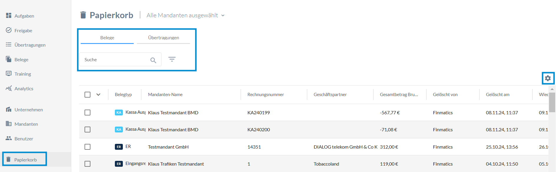 Papierkorb Übersicht