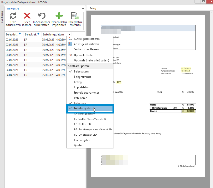 RZL Spaltenauswahl Erstellungsdatum