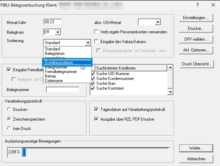 RZL Vordialog Sortierungseinstellung