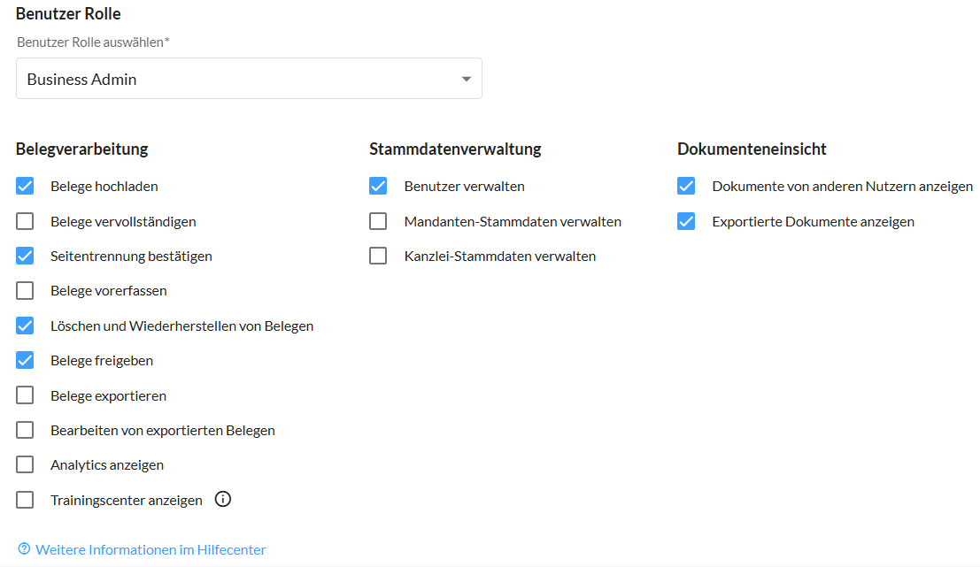 Detailansicht der Einzelberechtigungen