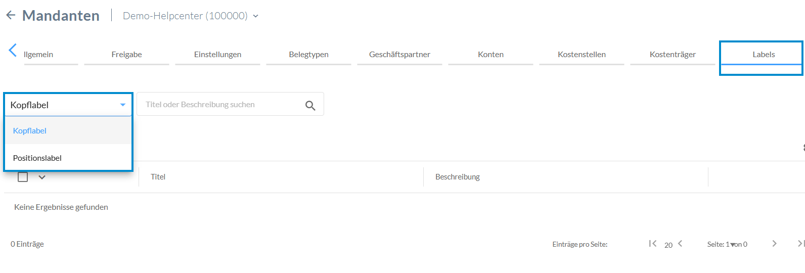 Anlegen von Labels in der Mandantenansicht