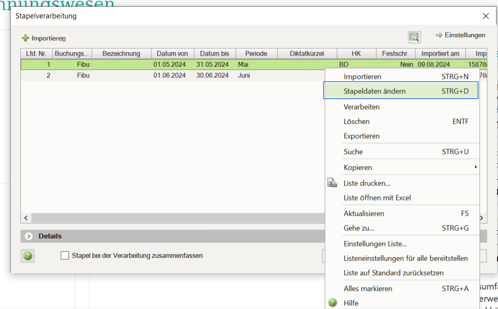 Stapeldaten ändern Kontextmenü in DATEV
