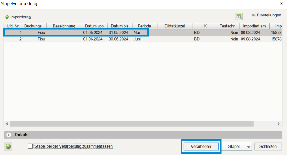 Stapel verarbeiten Dialog DATEV