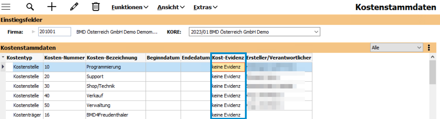 BMD Menüpfad Kostenstammdaten