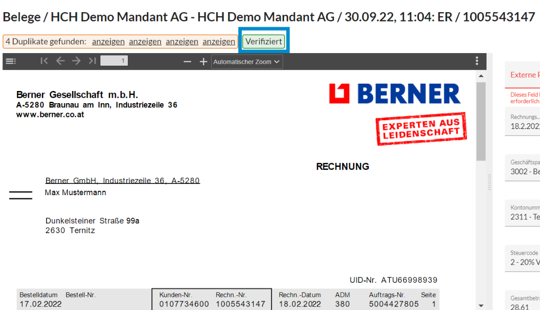 Status Verifiziert in der Erfassungsmaske
